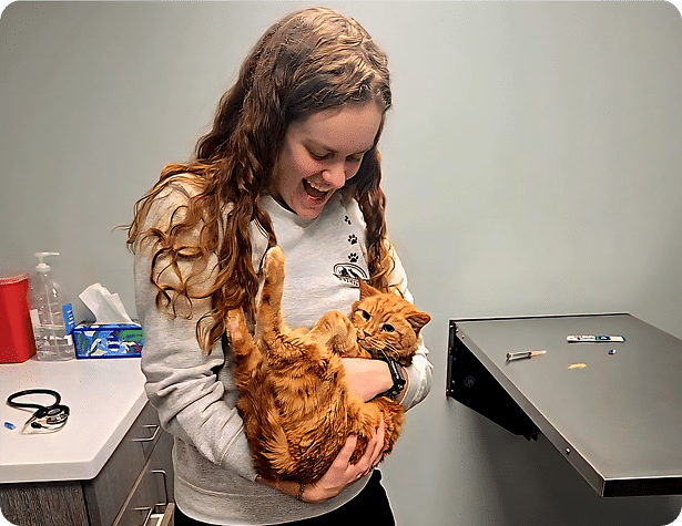 A woman holds an orange cat in her arms while standing in a veterinary exam room.