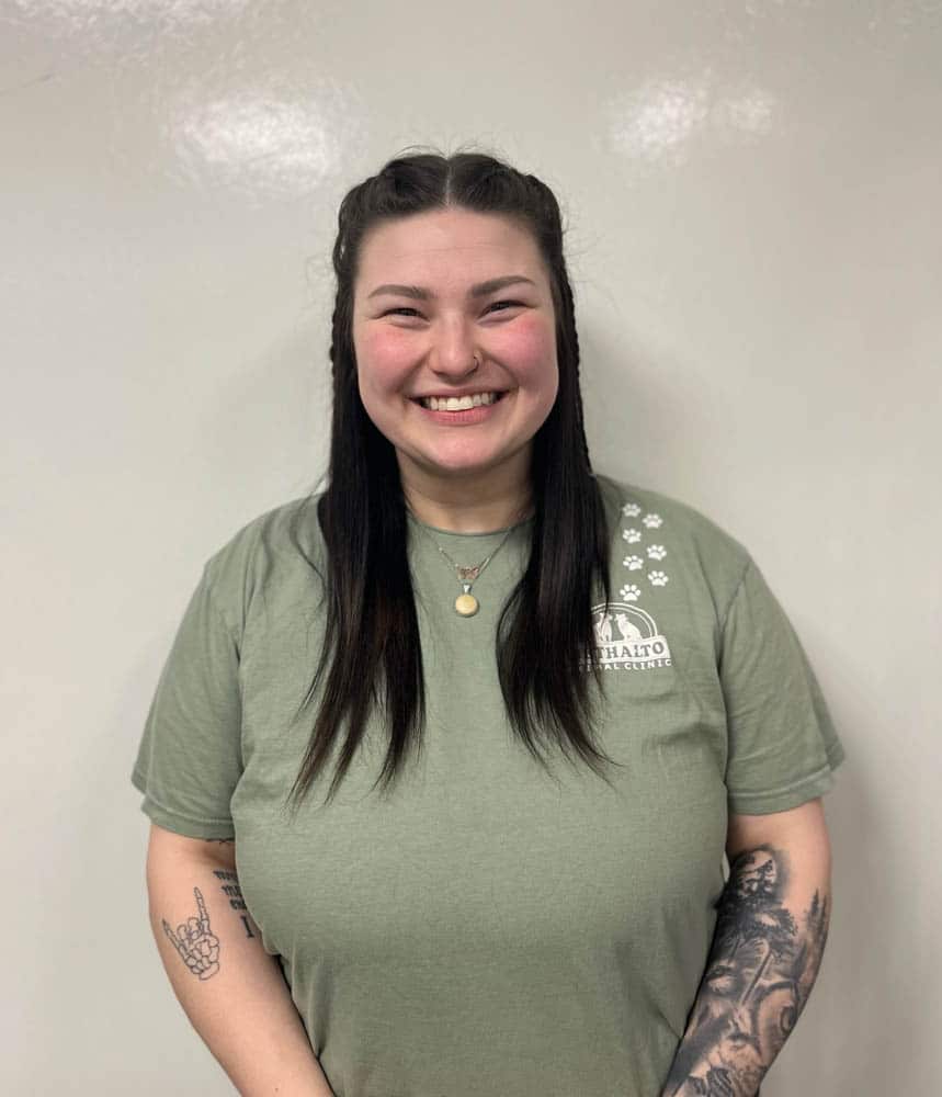 A person with long dark hair in braids, wearing an olive green T-shirt with a logo, smiles at the camera. Tattoos are visible on their left arm and hand. Plain light background.