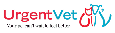 Logo for UrgentVet featuring stylized cat and dog faces, with the tagline "Your pet can't wait to feel better.