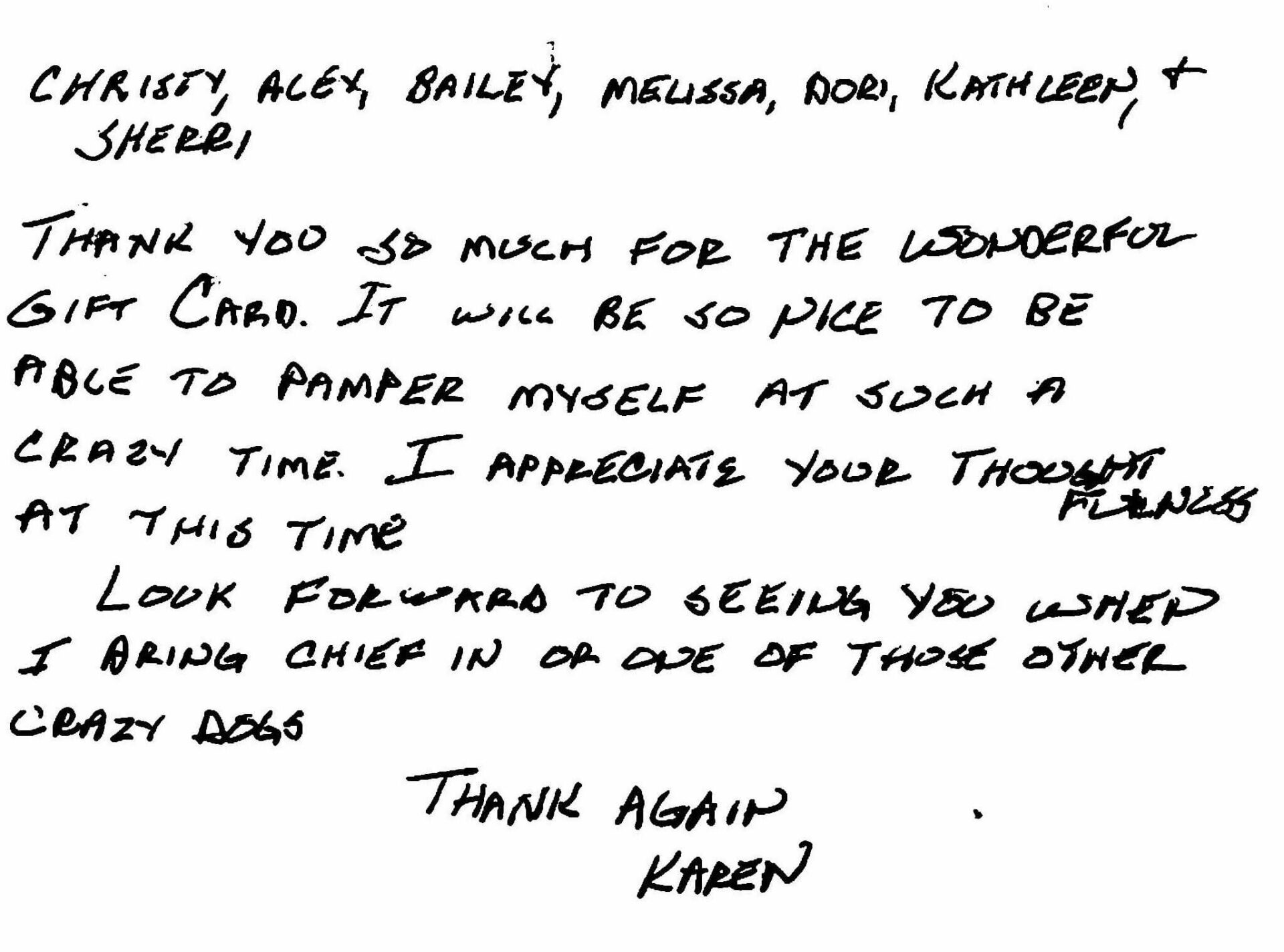 Handwritten thank-you note from Karen expressing gratitude for a gift card and looking forward to seeing the recipients when chiefing on other days.